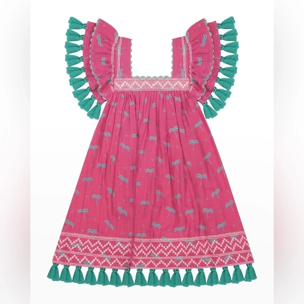 MER ST. BARTH Serena Tassel Embroidered Crepe Dress Girls Size 4 Fuchsia
